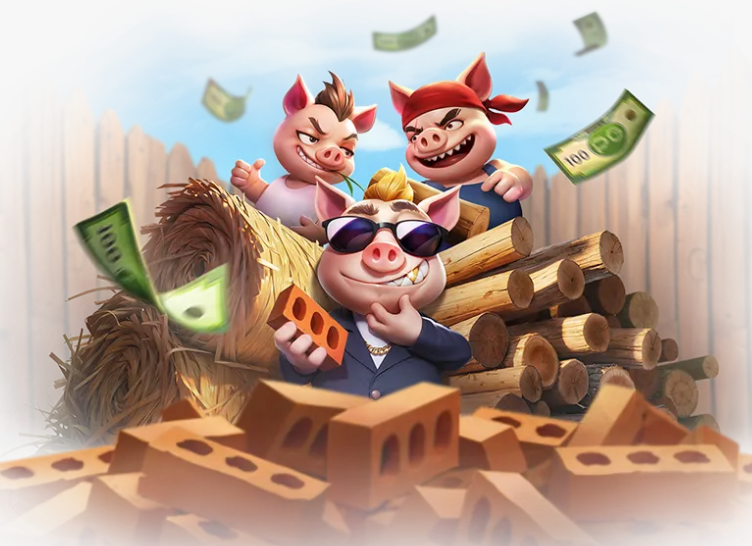 หน้าจอเกมสล็อต Three Crazy Piggies จาก PG SLOT พร้อมตัวละครหมูน้อย